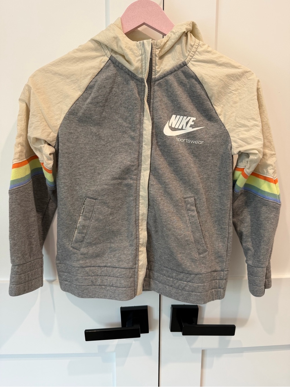 Nike Kids Grey & Cream Hooded Jacket with Rainbow Sleeve Stripes